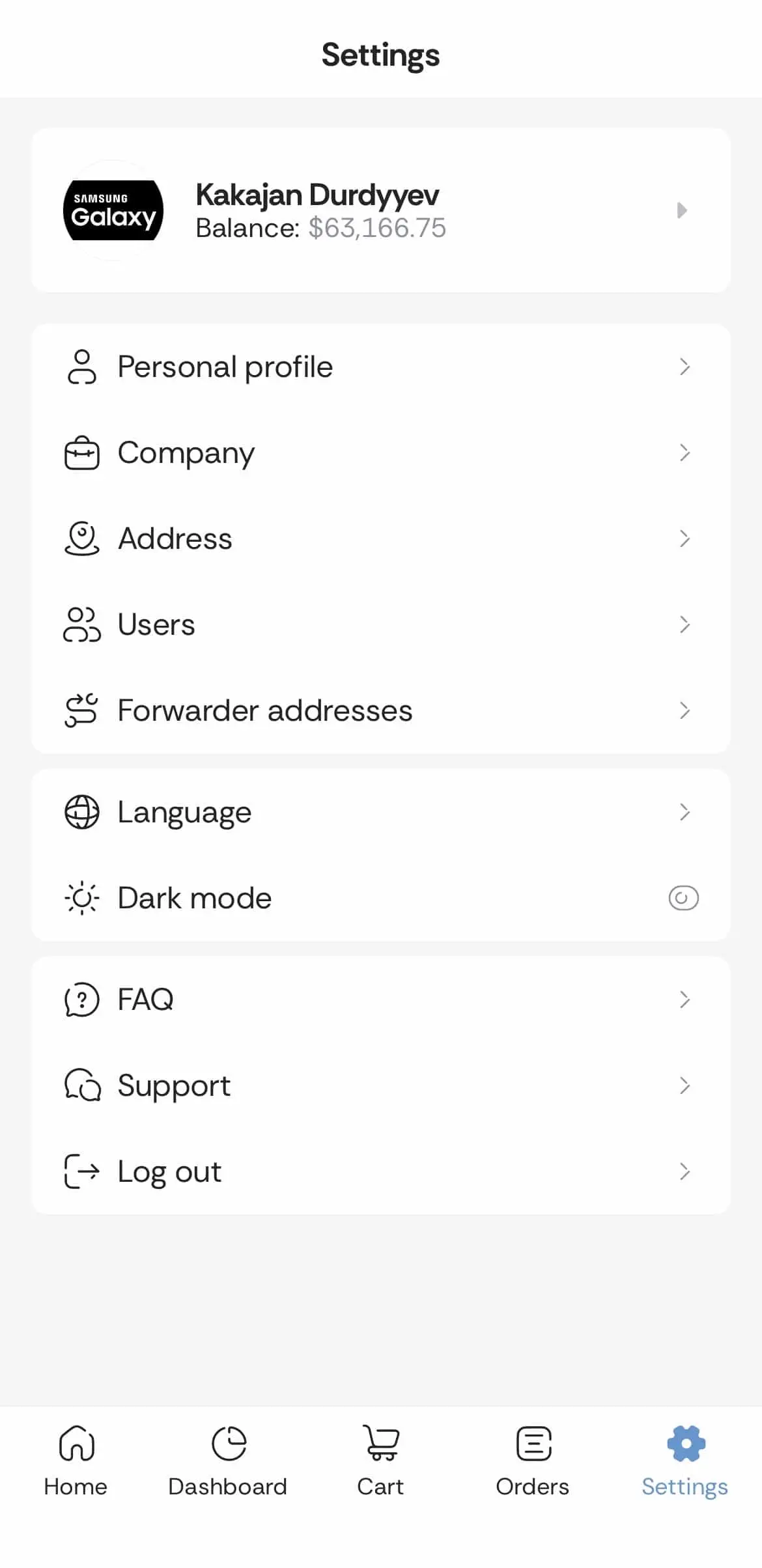Settings page